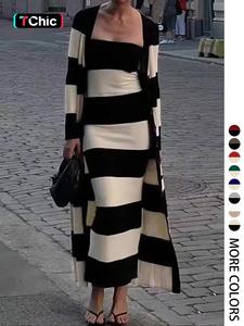 women's striped print cardigan & tube dress two-piece set, casual longsleeves outerwear & strapless long dress for daily wear, womenswear, casual dresses clothing, ladies outfits for all seasons, two piece set, longsleeves dress cardigan oversize