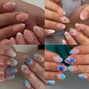 Ocean & Flower Nail Art Set, 96pcs Short Oval 3D Gel Nails, Sea Turtle, Flower, Whale Designs, Acrylic False Nails, Summer Party Use