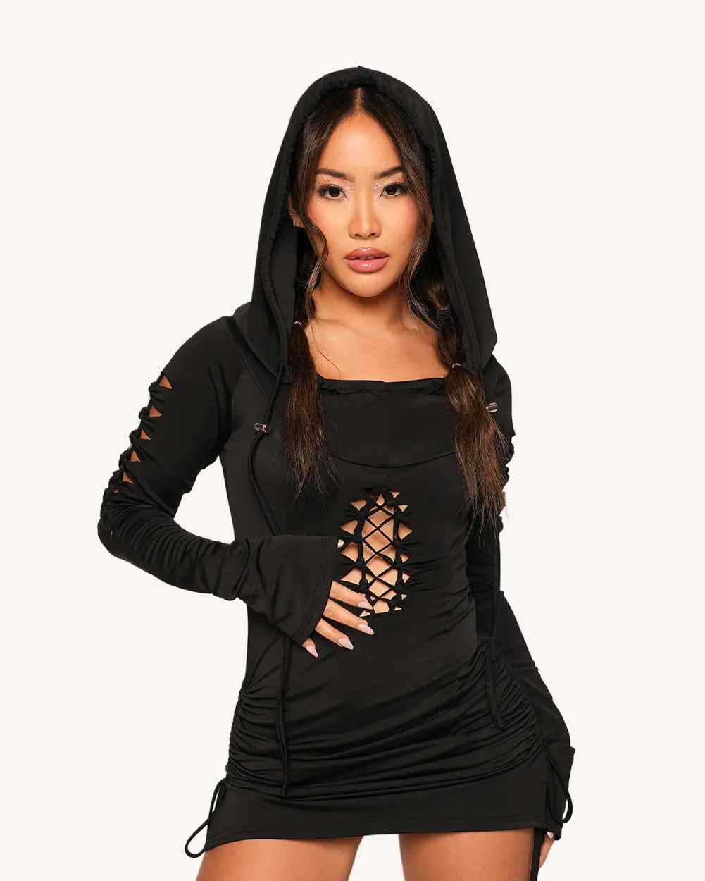 Women's Hooded Neck Bodycon Dress - Casual Wear Longsleeves Stretchy Pullover with Adjustable Ruching, Thumbholes, Braided Detail, Flattering Fit, Bodycon Outfit