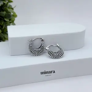 950 Silver Bag Style Hoop Earrings with Intricate Design and Secure Leverback Closure