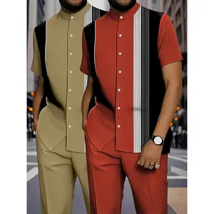 2 Sets of Set Combinations, European And American Men'S Casual Sports Short-Sleeved Shirt Trousers Set Button Stand-Up Collar New Style Geometric Stripe Pattern Design, Easy to Dry, Give Friends Gifts Brothers The Same F
