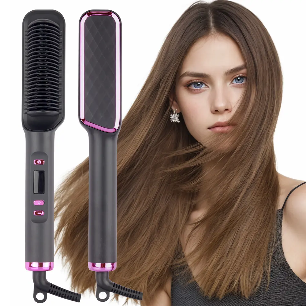 Portable negative ion straightening comb, fast-heating hair straightener brush, anti-frizz, dual use for straight & wavy hairstyles, salon styling at home, 2-in-1 hot brush for straightening & curling, anti-scald, adjustable temperature, portable hair sty