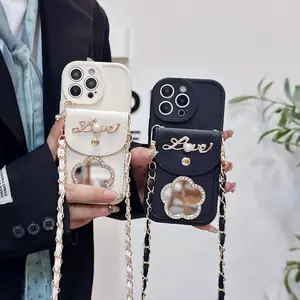 Floral Mirror Card Holder Phone Cover Case for iPhone 16 Pro Max, New Style Japanese Korean Design with Lanyard, Anti-Drop Protection