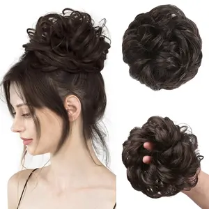 Large Messy Bun Hair Piece Wavy Curly Scrunchies Synthetic Chignon Ponytail Hair Extensions Thick Updo Hairpieces for Women Dark Brown