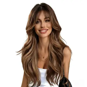 Women's Full Wig with Natural Side-Swept Bangs Long Curly Wavy Ombre Blonde Synthetic Hair Comfortable Versatile Wear Messy Bun Heat Friendly