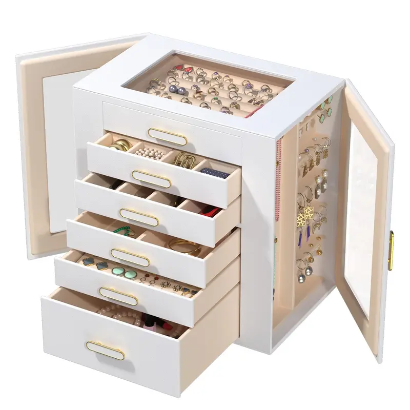 BOOVO Rectangle PU Leather Jewelry Box Organizer - 6 Adjustable Drawers, Transparent Top, Side Hanging Doors, Multi-Layer Storage for Rings, Earrings, Necklaces, Bracelets, All-Purpose Home Organizer, Thoughtful Gift Idea for Women