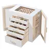 BOOVO Rectangle PU Leather Jewelry Box Organizer - 6 Adjustable Drawers, Transparent Top, Side Hanging Doors, Multi-Layer Storage for Rings, Earrings, Necklaces, Bracelets, All-Purpose Home Organizer, Thoughtful Gift Idea for Women