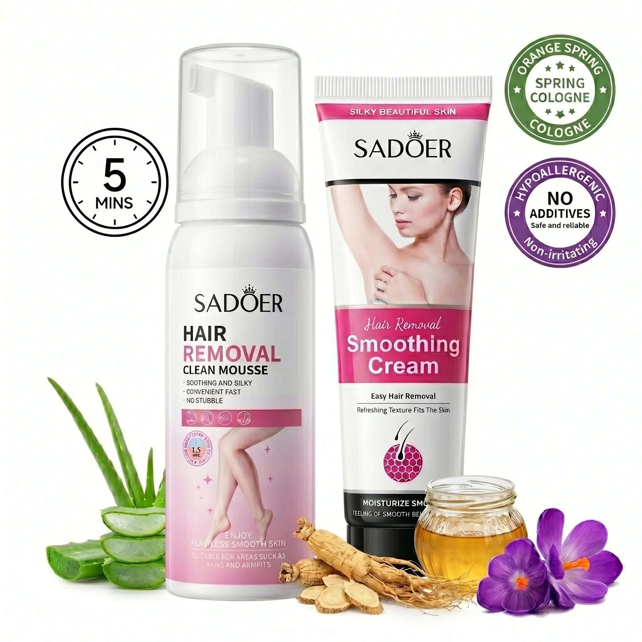 Gentle Hair Depilatories 2-in-1 Painless Hair Removal Kit for Men & Women - Citrus-Scented Mousse & Cream Set with Hyaluronic Acid, Coconut Oil, Aloe Vera, Sensitive Skin Design (100ml + 50g)
