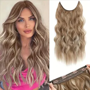 Aksice Invisible Wire Hair Extensions with 4 Clips Long Synthetic Wavy Curly Hairpiece Adjustable Transparent Headband for Women 22 Inch Ash Medium Brown/Ash Blonde Highlights