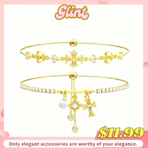 Double Snowflake Cross Adjustable Bracelets Set for Women - Sparkling Layered Jewelry for Mother's Day, Valentine's, Weddings & Birthdays