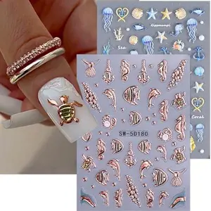 Summer Nail Art Stickers Decals Ocean Theme Nail Decals 2PCS Self-Adhesive Fish Seashell Seahorse Jellyfish Starfish Nail Design Stickers Blue Gold Nail Supplies for Women Nail Art Decorations