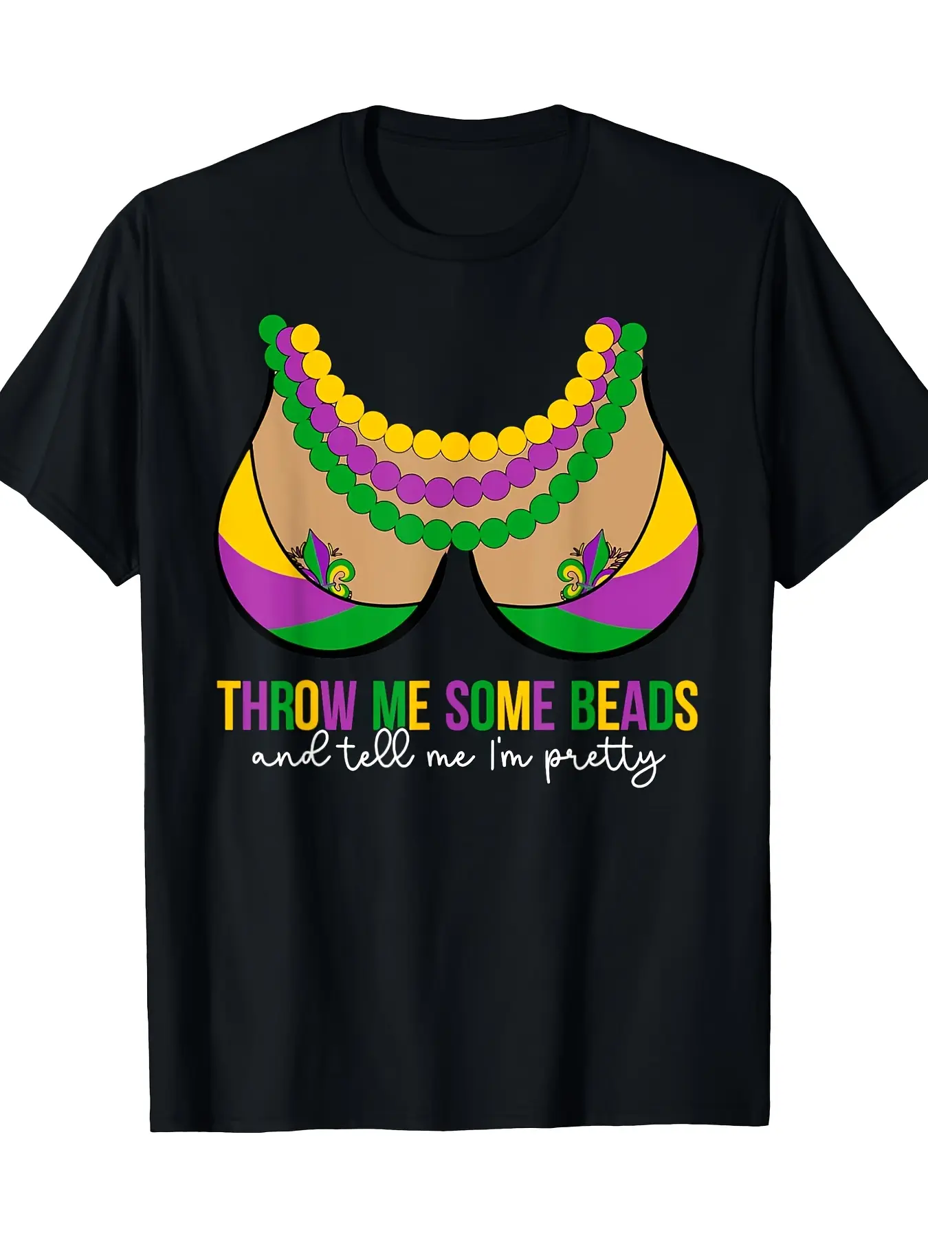 Mardi Gras Throw Me Some Beads Graphic T-Shirt - 1 unisex soft cotton short sleeve t shirt, vintage graphic casual tee for men women teens, perfect birthday holiday gift for camping travel gym daily street casual wear