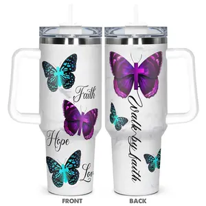 Butterfly Pattern Leak Resistant Tumbler, 1 Count Stainless Steel Insulated Cup with Lid & Straw, Drinking Cup for Home Office School Outdoor Camping, Insulated Travel Drinkware