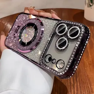 [LX]Magnetic Kickstand Glitter Case For IPhone 17 16 15 14 13 Pro Max,[Compatible With Magsafe] Cute Bling Sparkly Rhinestone With Camera Protector Makeup Mirror Women Girls Case For IPhone 17 Pro Max,Orange