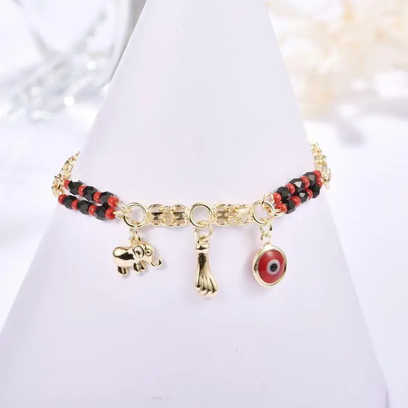 Boho Style Adjustable Bangle, Unisex Copper-Plated Bracelet with Red & Black Beads, Evil Eye and Elephant Charms, Boho Style Bracelet, Everyday Wear, Metal Coating