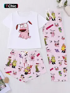 3-Piece Retro Cartoon Pug Hero Print Women's Pajama Set, Short Sleeve Round Neck Soft Top, Elastic Shorts and Pants, Elegant Daily Wear