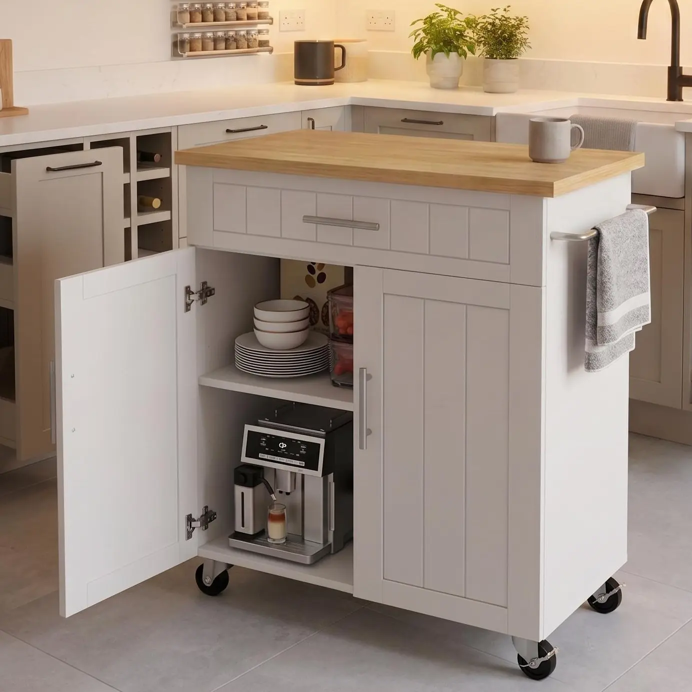Walsunny 26'' Rolling Kitchen Cart with Storage Cabinet, Drawer, Towel Rack, Transport Wheels for Appliances, Dining Area, Space-Saving Home Organizer Utility Cart