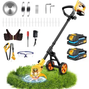 6000mAh Electric Weed Eater  ,12? Brushless Electric Weed Wacker Cordless Wheeled String Trimmer, 4 in 1 Grass Trimmer/Brush /Grass Edger/Weed Trimmer, 2  (Black Yellow)
