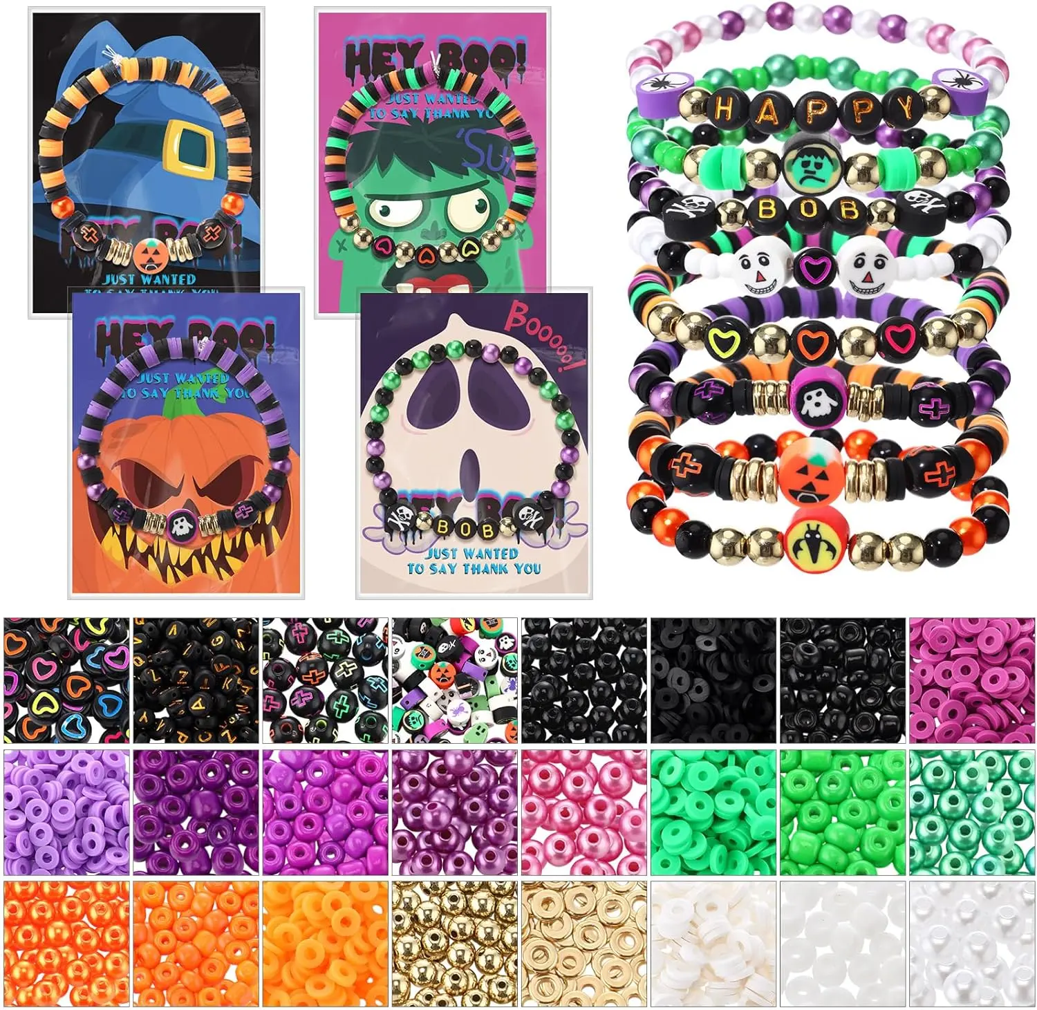 Halloween fall Gifts 2485 Pcs Halloween Beads for Bracelets, Clay Beads Colorful Friendship Bracelet Making Kit with Thanks Card DIY Halloween Decoration Gifts