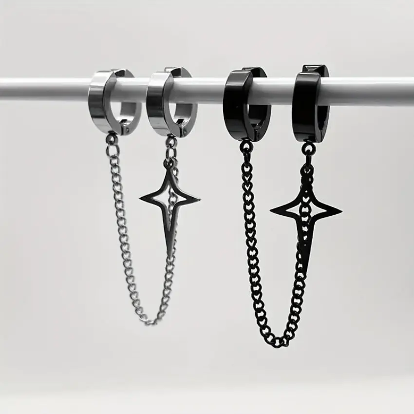 Men's Studded Cross Ear Cuff Earrings - Punk Stainless Steel Non-Piercing Back Clip, Bold Chain, Edgy Look Alternative Style Men's Accessories, Edgy Streetwear Costume Jewelry, Clip-On, Back Clip Earrings