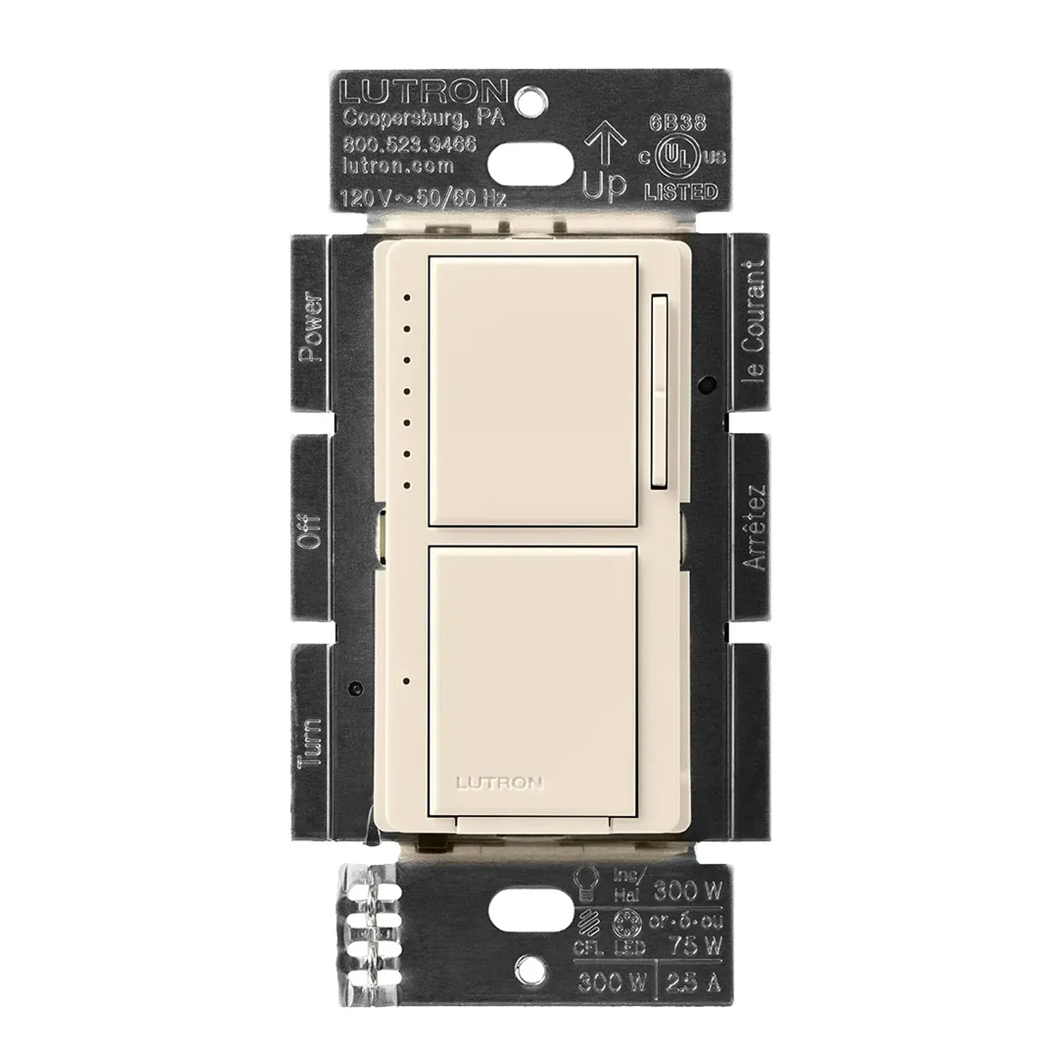 Lutron MACL-L3S25-LA Maestro LED+ Dual Dimmer and Switch, 75W LED/2.5A Fan, Single Pole, Light Almond