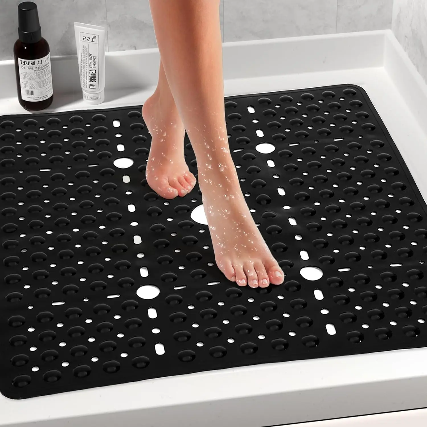 1pc Large Black Square Shower Mat Non Slip 27 x 27 Inch, Shower Bath Mats Tub Mat Bathtub Mat Non Slip for Inside Shower Bathroom Floor, Shower Stall Mats with Big Suction Cups Drain Holes, Easy Machine Washable, BPA-Free, Bathroom Accessory, Bathmat