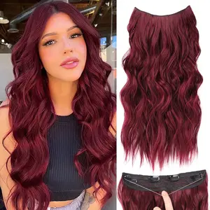 LushWig Invisible Wire Hair Extensions with Transparent Headband Adjustable Size 4 Secure Clips Long Wavy Highlight Synthetic Hairpieces for Women 20 Inch