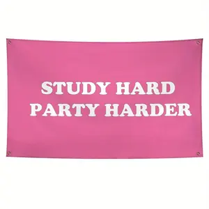 Study Hard Party Harder Flag Pink Funny Flags For Girls Cool Meme Girl Flags Banner 100D 3x 5fts 90x150cm College Dorm Room Bedroom Wall Decor Hangings Outdoor Indoor