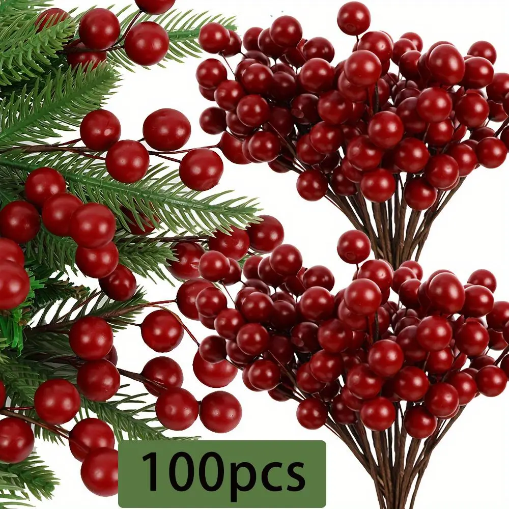 100pcs Artificial Indoor Holly Berries for Christmas Tree Decorations, Mini Fake Berries on Wire for Creative DIY Crafts, Ideal for Wreaths and Souvenir Displays, Ornaments, Fake Plant Decoration