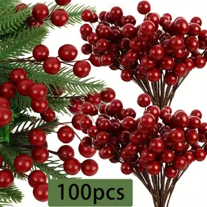 100pcs Artificial Holly Berries for Christmas Tree Decorations, Mini Fake Berries on Wire for Creative DIY Crafts, Ideal for Wreaths and Souvenir Displays, Ornaments, Fake Plant Decoration