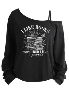 Asymmetrical Shoulder Long Sleeve Black T-Shirt, Book Lover Print, Casual Comfortable Top, All-Season Wear, Easy Care Fabric, Women's Clothing
