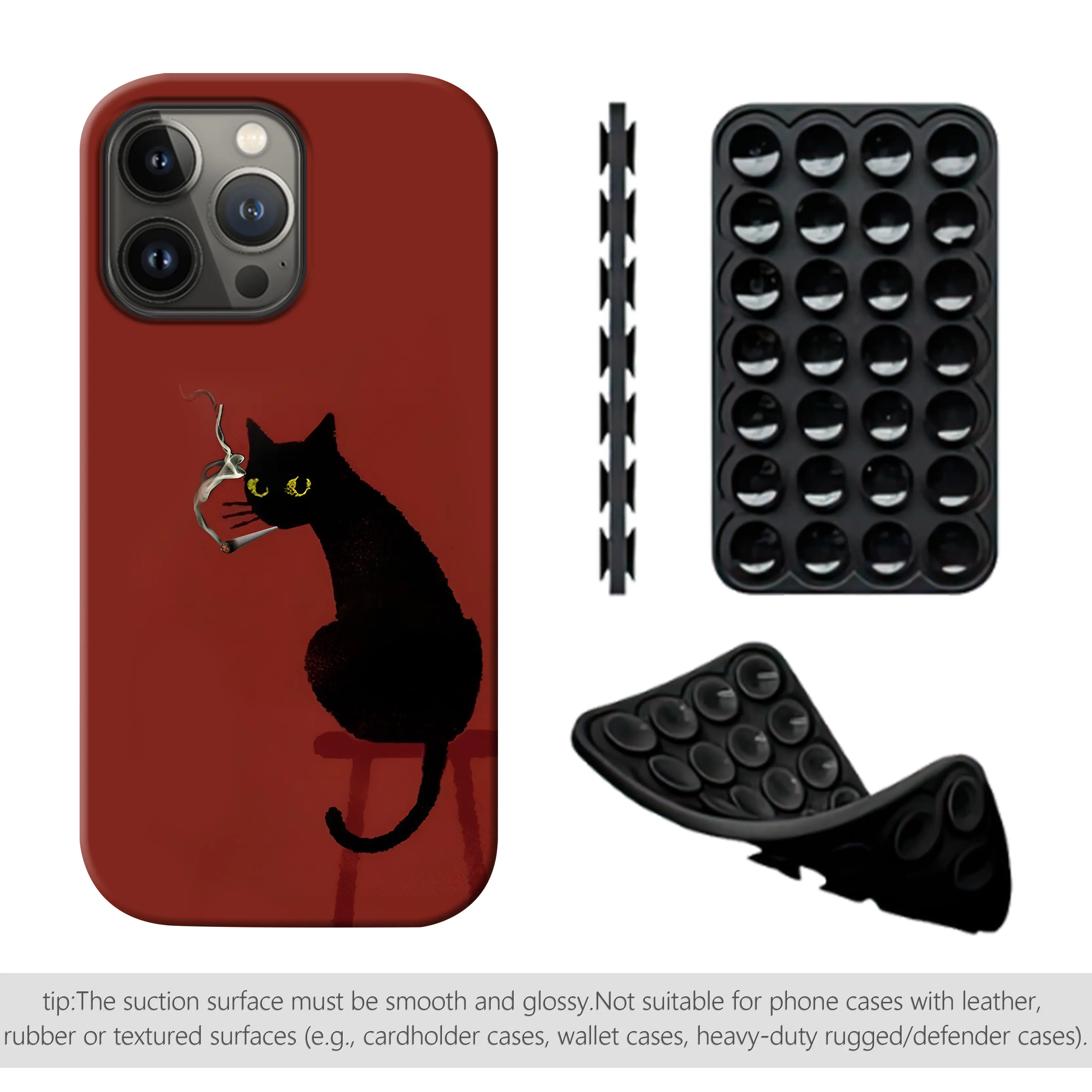 Vintage Black Cat Suction Phone Case| Moody Indie Aesthetic Dual-Sided Suction Stand for Mirror Selfies| Glossy Hard Shell Cover Compatible with iPhone 17ProMax 16 15 14 13 12, Samsung Galaxy S25 S24 S23 S22.HY85