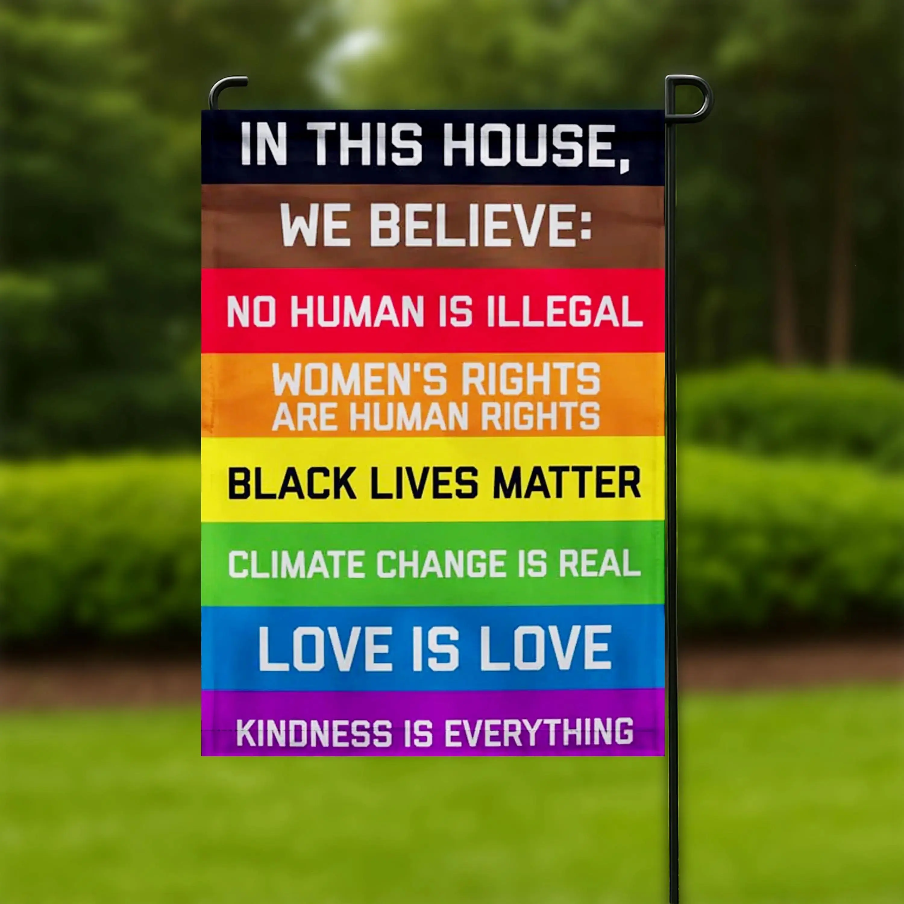 In This House We Believe Garden Flag, Rainbow House Banner, Pride Garden Flag, Inclusive Yard Decor, Outdoor Porch Decoration, Equality Garden Flag, Kindness Decor