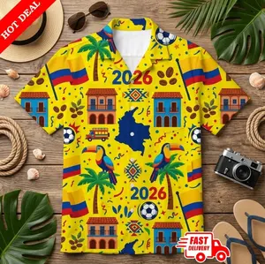 Colombia 2026 Soccer Men Yellow Hawaiian Shirt Aloha Button Down Beach Summer