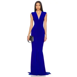 Norma Kamali Sleeveless Deep V Neck Shirred Front Fishtail Gown in Electric Blue