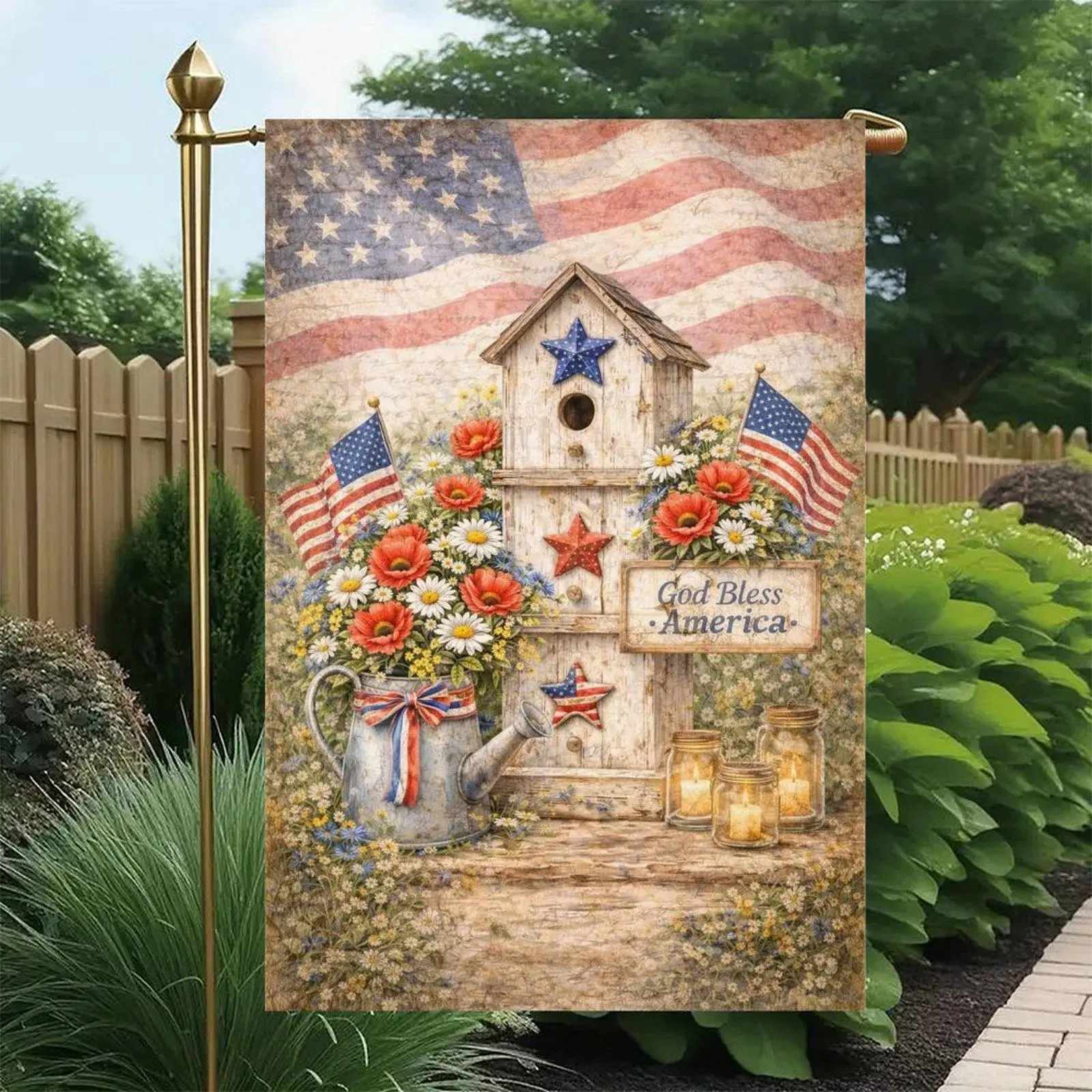 God Bless America Patriotic Birdhouse USA Flag Daisy Sunflower Watering Can Farm Garden Flag Double-Sided 12x18in, 4th of July Independence Day Patio Decor Flag