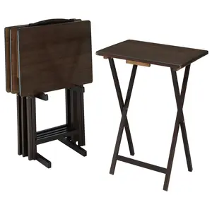 Mainstays Indoor Folding Table Set of 4 in Walnut L19 x W15 x H26 Inches, Includes 4 Tables & 1 Rack Stand