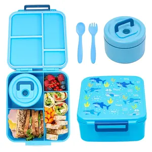 Leakproof 5 Compartment Bento Box Set For Kids BPA Free 8oz Stainless Steel Thermal Soup Jar Portable Insulated Lunch Container With Lunch Bag Blue Pink Color For Home School Camping Outdoor Daily Use
