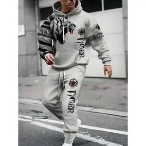 Men's Fall Winter Hoodie & Sweatpants Set, Sporty Style, All over Tiger Print, Long Sleeve, Regular Fit, 2 Piece