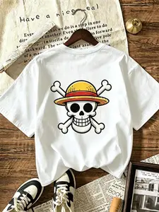 One Piece Straw Hat Pirates Jolly Roger Graphic T-Shirt, Anime Mini Luffy Skull Print Short Sleeve Tee, 2026 Trending Casual Streetwear Top for Men Women, Retro Otaku Oversized Tshirt, Summer Daily Wear Graphic Tee for Anime Fans