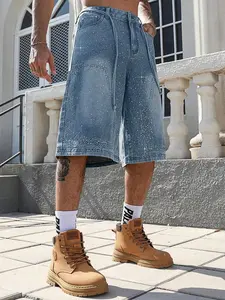 ROMWE MEN Street Life Men's Sparkling Diamond Decoration Denim Capri Shorts