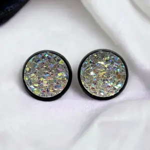 Iridescent Rainbow Druzy Stud Earrings | Sparkly Holographic Jewelry for Sensitive Ears | 12mm Faux Geode Studs