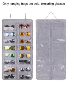 Sunglasses Organizer Storage, Hanging Dust Proof Wall Pocket, 16 Felt Slots, Glasses Organizer Holder with Metal Hook and Sturdy Rope Storage Pockets