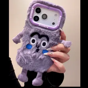 Purple Plush 3D Funny Monster Case For iPhone14/15/16 Series | 3D Limbs + Fun Face + "LUCKY" Lens Frame | Soft Fur Full Cover + Shockproof Scratch-Resistant | Fall-Winter Outing Trendy Cute Lucky Style