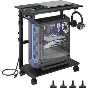 2-Tier Computer Tower Stand with Power Outlet, Height Adjustable PC Tower Stand with Wheels, ATX-Case CPU Holder Cart with Hooks for Home, Office, Gaming (Black)