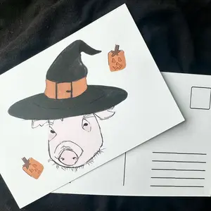 Witchy Piggy Halloween Postcard