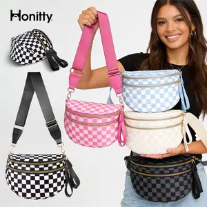 HONITTY Plus Size Friendly Fanny Pack with Gold Toned Hardware & Adjustable Strap Spacious Design for Essentials Great Gift Belt Bags Black and White Checkered Nylon Bum Bag
