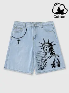 Emrg Men's Casual Denim Shorts, Lady Liberty Print, Loose Fit with Pockets, Versatile Style, Comfortable Daily Wear, Summer Option