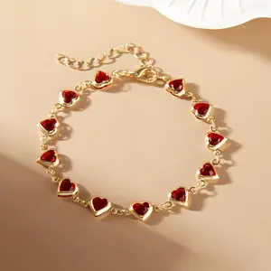 Red Crystal Heart Charm Bracelet Dainty High-End Look Versatile Women's Wristband