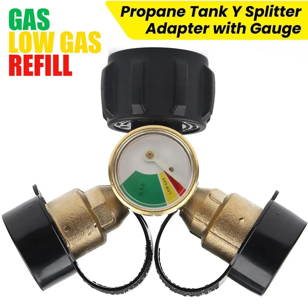 Propane Y Splitter Adapter Gauge LP Tank Hose Double T-Shirt Connector Valve-Gauge-